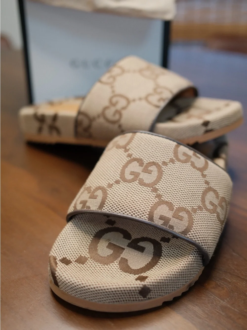 Gucci Beige Brown GG Canvas Slide Sandals